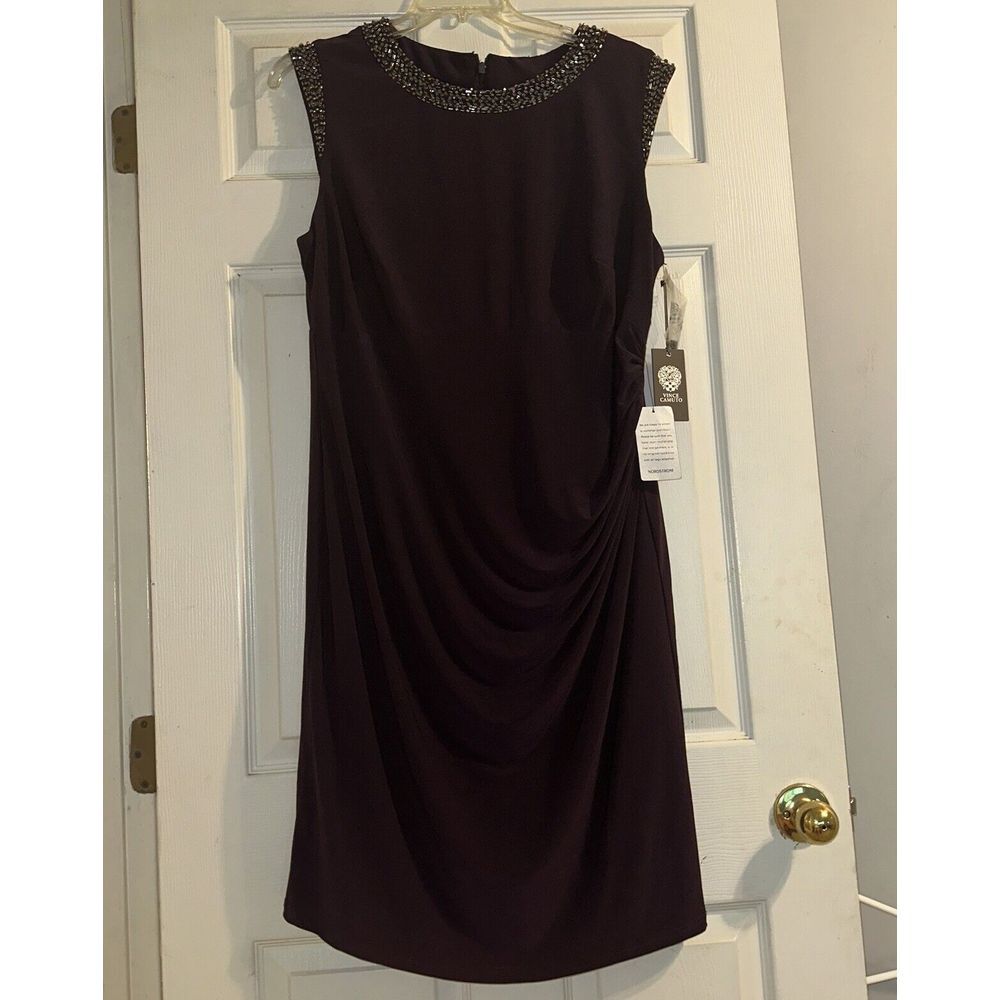 Vince Camuto Purple Dress Jewel Beaded Neckline Ruched Midsection Size 18 NWT